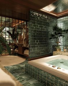 a bath room with a large jacuzzi tub next to a walk in shower