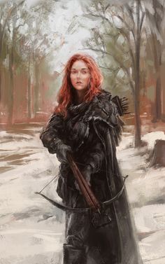 a painting of a woman with red hair holding a bow and arrow in the snow