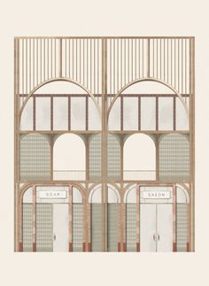 an architectural drawing of the front and side of a building with arched doorways, windows, and balconies