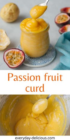 passion fruit curd in a jar with a spoon full of it and the recipe below