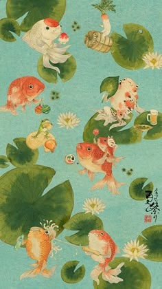 an image of fish in the water with lily pads and flowers on blue ground cloth