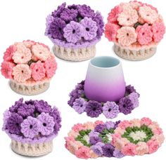 six crocheted flower pots are shown in different colors and sizes, including pink, purple, and white