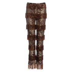 ▪ Dolce & Gabbana evening pants ▪ Fine antique gold lace ▪ Copper bugle beaded fringe ▪ Brown lining ▪ Straight leg ▪ IT 42 - FR 38 ▪ Spring-Summer 2000 ▪ 42% Polyester, 30% Viscose, 28% Nylon ▪ Made in Italy Fitted Party Bottoms With Beaded Fringe, Party Pants With Fringe, Fitted Fringe Bottoms For Party Season, Fitted Fringe Pants For Party, Glamorous Fringe Bottoms For Party, Glamorous Party Bottoms With Fringe, Glamorous Fringe Bottoms For Night Out, Glamorous Fringed Bottoms For Night Out, Elegant Party Bottoms With Tassels