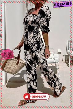 Casual Print Split Joint Square Collar Straight Jumpsuits(3 Colors) Casual V-neck Jumpsuits And Rompers With Tropical Print, Casual Printed Jumpsuit For Vacation, Casual Non-stretch Jumpsuits And Rompers For Beach, Casual Tropical Print V-neck Jumpsuits And Rompers, Non-stretch Floral Jumpsuits And Rompers For Vacation, Printed Jumpsuits And Rompers For Beach, Chic Printed Jumpsuits And Rompers For Brunch, Fitted Printed Jumpsuits And Rompers For Day Out, Casual Black Jumpsuits And Rompers For Brunch