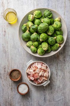 brussel sprouts, bacon and other ingredients in bowls on a table