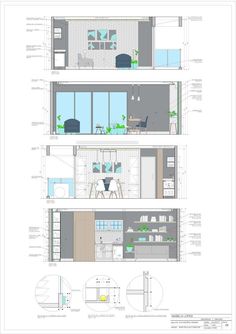 two story house plan with kitchen and living room in the center, dining area on the other side