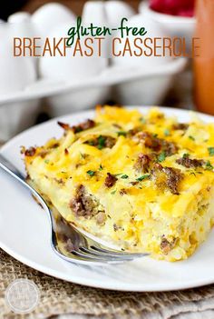 a slice of breakfast casserole on a white plate