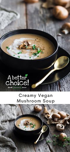 creamy vegan mushroom soup in a black bowl