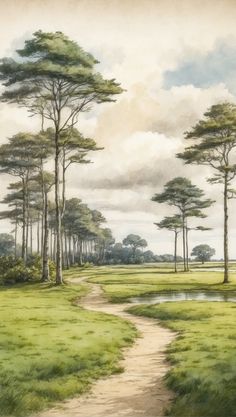 a painting of a path leading to some trees