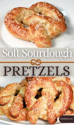 soft sourdough pretzels on a plate with the words soft sourdough pretzels