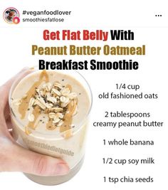 someone is holding up a smoothie with peanut butter and oatmeal in it