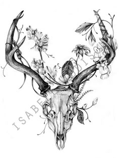 a drawing of a deer skull with flowers on it's antelope head