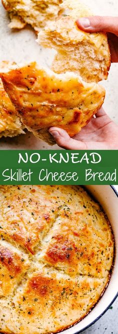 no knead skillet cheese bread in a casserole dish with text overlay