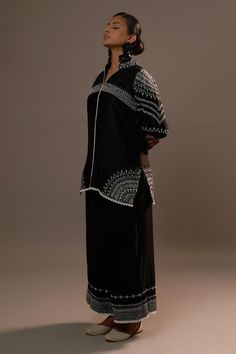 Black shirt featuring full sleeves, stand collar neckline, and sequin floral bloom embroidery. Paired with matching flared palazzo, both crafted from summer silk with lace embellishments., Fit: Relaxed Bloom Embroidery, Lace Embellishments, Flared Palazzo, Pattern Embroidery, Pant Sets, Silk Embroidery, Work Shirt, Embroidery Lace, Full Sleeves