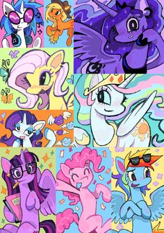 many different pictures of ponys with different colors and sizes on them, including pink, purple