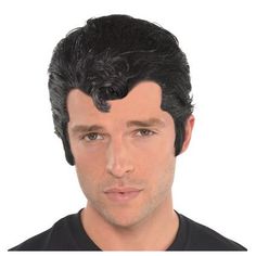 Dress up as Sandy Olsson's suave T-Bird boyfriend by accessorizing with a Danny Zuko Wig! This wig features slicked back black synthetic fiber hairs with a curl in the front. Wear a white t-shirt black leather jacket and blue jeans (sold separately) to complete the look. Sweep Sandy off her feet on Halloween by dressing up with this wig! Shirt sold separately. Grease Danny Zuko Wig product details:  Polyester One size fits most teens and adults  Officially licensed Grease product. Grease Danny Zuko, Greaser Costume, Grease Characters, Grease Party, Grease Costumes, Danny Zuko, Halloween Wigs, Halloween Costume Shop, Top Hairstyles