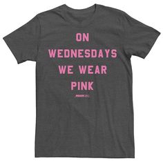 Bring a touch of pink to your wardrobe with this men's tee, featuring the iconic line from Mean Girls. Bring a touch of pink to your wardrobe with this men's tee, featuring the iconic line from Mean Girls. Crewneck Short sleeves Charcoal FABRIC & CARE Cotton, polyester Machine wash Imported Color: Dark Grey. Gender: male. Age Group: adult. Pattern: Graphic. Material: Cotton Blend. Pink Tri-blend Text Print T-shirt, Pink Tri-blend T-shirt With Text Print, Wednesdays We Wear Pink, Matching Outfits Best Friend, Pink Tee, Pattern Graphic, Mean Girls, Wear Pink, We Wear