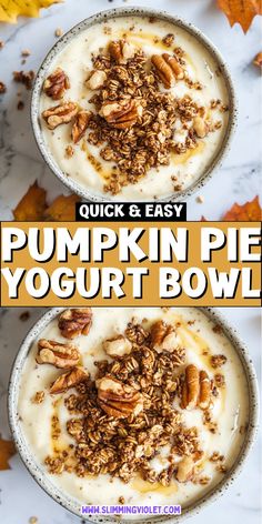 two bowls filled with pumpkin pie yogurt bowl