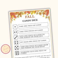 the fall candy dice game is on display