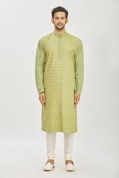 Shop for Priyanka Haralalka Green Handloom Cotton Kantha Embroidered And Churidar Pant Set for Men Online at Aza Fashions Cotton Kurta With Woven Motifs For Diwali, Diwali Cotton Kurta With Woven Motifs, Fitted Cotton Sets With Geometric Embroidery, Cotton Sets With Geometric Embroidery In Straight Kurta Style, Fitted Pista Green Cotton Kurta, Cotton Straight Kurta With Woven Motifs, Chanderi Straight Kurta With Woven Motifs, Traditional Cotton Kurta With Woven Motifs, Traditional Cotton Kurta With Traditional Patterns