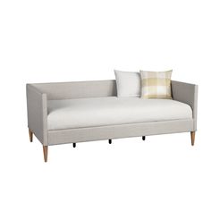 The Britney Twin Daybed was inspired with the transitional home in mind. Crafted from Poplar and Pine wood solids, this piece can be used as a bed or a place to just relax. Covered in a Light Gray linen fabric and accented by Mid-Century style legs in an Acorn finish, this daybed compliments any room decor. Fits a twin size mattress and comes with a full set of slats. No box spring needed. Mattress not included. Accent pillows in image not included. Coordinates with other pieces from the Alpine Twin Daybed, Wood Daybed, Twin Platform Bed, Upholstered Daybed, Twin Mattress Size, Day Bed, Bed Lights, Transitional House, Linen Upholstery