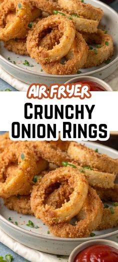 air fryer crunchy onion rings on a plate with ketchup