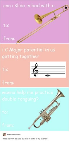 three different types of musical instruments with music notes on the bottom and one in pink, blue