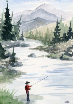 a watercolor painting of a man fishing on the river with mountains in the background