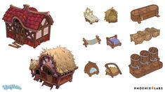 several different types of houses and furniture in the style of an old fashioned house with thatched roof