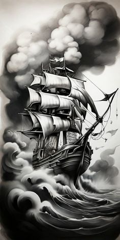 Ship Drawing Tattoo, Black And Grey Tattoo Design Drawings, Ship Sketch Tattoo, Galleon Ship Tattoo, Poseidon Tattoo Design