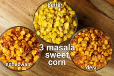 three metal bowls filled with different types of food on top of a wooden table next to each other