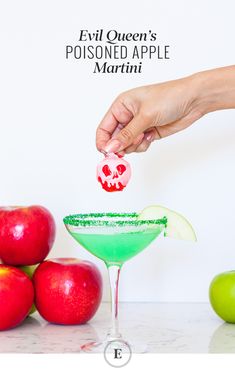 the evil queen's personal apple martini is garnished with candy