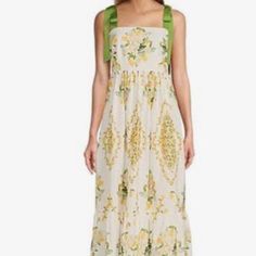 Questions? Leave A Comment Below! White Sleeveless Lemon Print Dress, White Sleeveless Dress With Lemon Print, Neck Ribbon, Antonio Melani Dress, Antonio Melani, Ribbon Tie, Green Yellow, Square Neck, Colorful Dresses