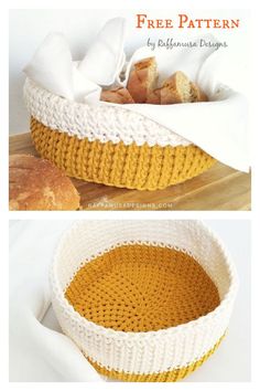 two pictures showing different types of bread in baskets and on the same side, there is a basket with white crochet