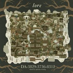 a map with trees and houses on it in front of a black background that says, the city of lore