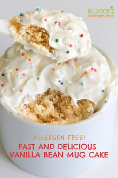 two scoops of ice cream with sprinkles in a white bowl and the words, allergen free fast and delicious vanilla bean mug cake