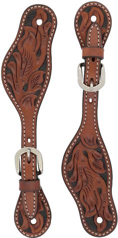 two brown leather straps with white stitching on the ends and one has a horse head