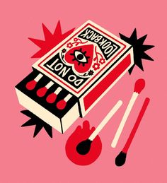 an illustration of a match box with matches and spoons next to it on a pink background