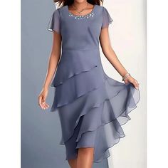 Season:Summer; Fabric:Chiffon; Sleeve Length:Short Sleeve; Look After Me:Machine wash; Gender:Women's; Style:Formal,Elegant; Elasticity:Micro-elastic; Occasion:Cocktail Party,Wedding Guest; Fit Type:Regular Fit; Dresses Type:Chiffon Dress,Plain Dress; Design:Layered,Ruffle; Neckline:Crew Neck; Listing Date:06/25/2024; Bust:; Length:; Shoulder Width:; Waist:; Fit US Size:; Fit UK Size:; Fit EU Size:; Dress Length Type:Midi Dress; Print Type:non-printing Midi Dress Layering, 파티 드레스, Casual Party Dresses, Chiffon Fashion, Ruffles Fashion, A Line Shorts, Dress Chiffon, Mid Length Skirts, Aaliyah