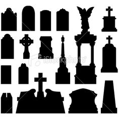 black and white silhouettes of tombstones, graves and crosses on a white background