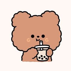 a cartoon bear holding a drink in its hand and looking at it's face