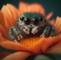 a close up of a spider on top of a flower with big eyes and large legs