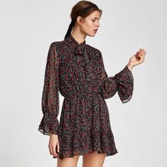 Nwot | New Without Tags - Size Xs - Outer Shell: 100% Polyester - Lining: 100% Polyester - Machine Wash Cold - Tumble Dry Low Length: (Front) 31.75”, (Back) 33” Floral Ruffle Dress, Floral Ruffle, Zara Black, Zara Dresses, Ruffle Dress, Dresses Xs, Black Red, Black And Red, Zara