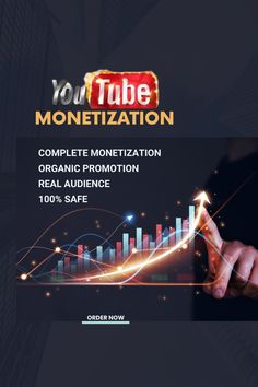 a man pointing to a video screen with the title'you tube monetization complete promotion organic promotion real audience 100 % safe