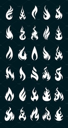 various white fire symbols on a black background