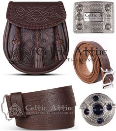 This Day Sporran is made of Premium Grade 3.5 MM Thick Brown Cowhide Leather. Celtic Knots Embossing Pattern is on the sporran body. And the same embossing pattern is on the leather kilt belt. The Sporran comes with a leather chain strap. The Sporran Measures (Approx) 18 CM X 22 CM (Width x Length). This Made-to-order Sporran will live your Scottish Heritage and Cultural taste for a very long time. It is made with the quality leather and finest materials available. And this is not an ordinary factory made cheap sporran but a quality product from the skilled hands of artisans. The Accessories with this sporran, Belt Buckle and Brooch Pin are made of Quality Brass Material that is rust-free and made to last. This Sporran Package Will Bring You: 1- Handmade Premium Full Dress Sporran 2- Match Kilt Belt, Leather Kilt, Scottish Kilts, Brown Cowhide, Celtic Knots, Scottish Heritage, Grade 3, Brass Material, Leather Chain