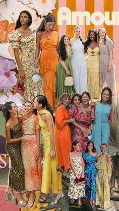 a collage of women dressed in different styles and colors, including one woman with her arms around the other