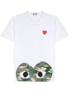 white cotton jersey texture crew neck short sleeves signature heart patch camouflage heart print straight hem When buying this unisex item, keep in mind that it is graded in standard men's sizing. Comme Des Garcons Heart, Commes Des Garcons, Play Heart, Play Comme Des Garcons, Heart Patch, Heart Patches, Comme Des Garcons Play, Heart Print, White Cotton