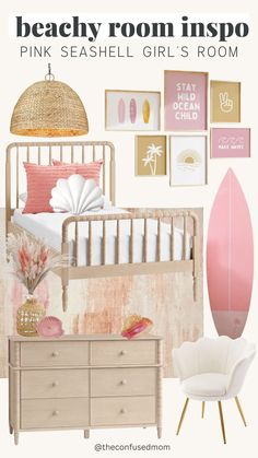 a bedroom with pink, white and gold decor on the walls is featured in this article