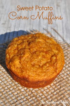 sweet potato corn muffins on a cooling rack with text overlay that reads, sweet potato corn muffins